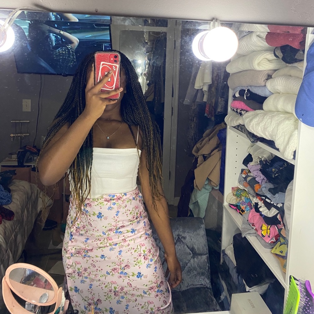 Satin Pink Floral Long Skirt